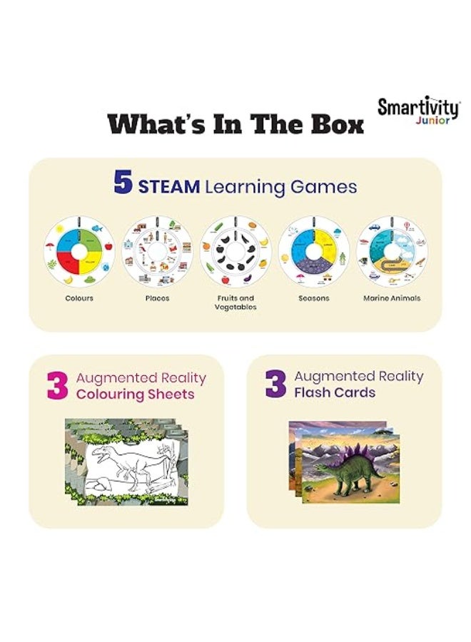 سمارتيفيتي مجموعة أنشطة سمارتيفيتي جونيور العالمية للأطفال من عمر سنتين إلى خمس سنوات، تتضمن 11 نشاطًا تعليميًا في مجال العلوم والتكنولوجيا والهندسة والفنون والرياضيات (STEAM)، مع صندوق هدايا، مناسبة للأطفال الصغار والرضع، وتتضمن تلوينًا بتقنية الواقع المعزز وبطاقات تعليمية تفاعلية. - Image 4